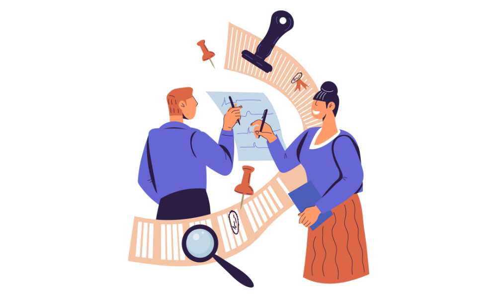 two business owners signing a document; cartoon illustration